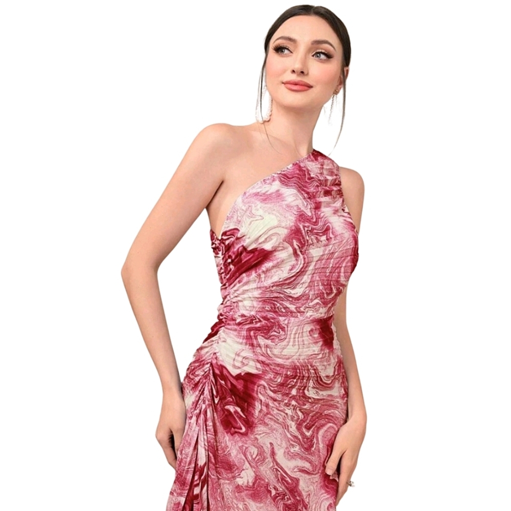 Red And White One-Shoulder Dress